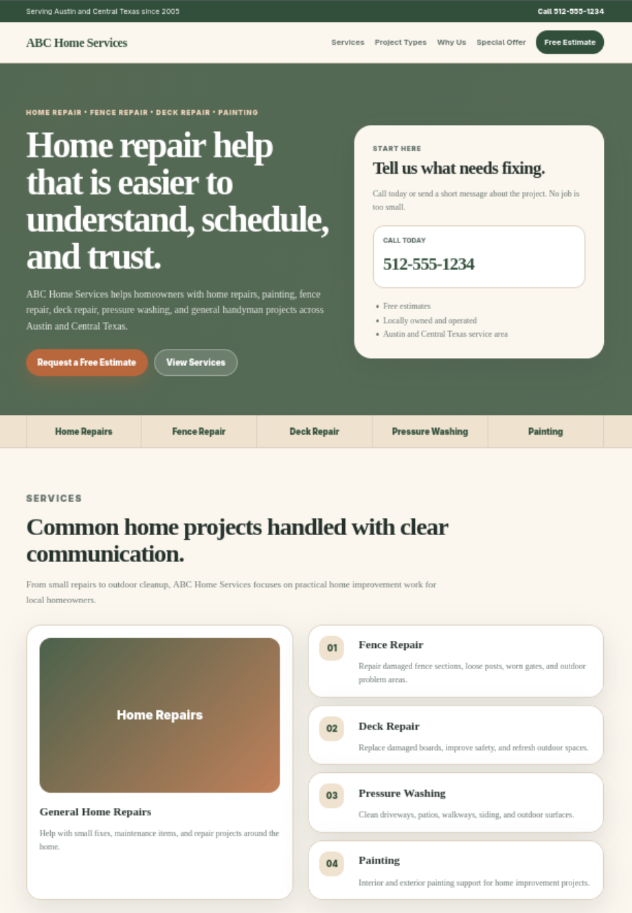 After screenshot of modernized small business homepage concept