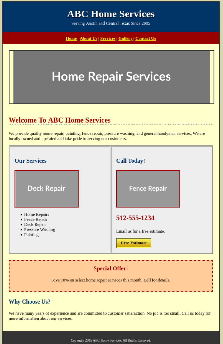 Before screenshot of outdated small business homepage
